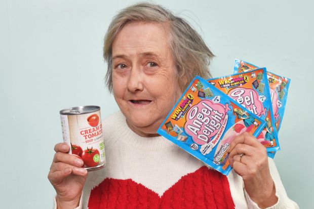 An image collage containing 1 images, Image 1 shows Woman holding a can of tomato soup and several packets of Angel Delight