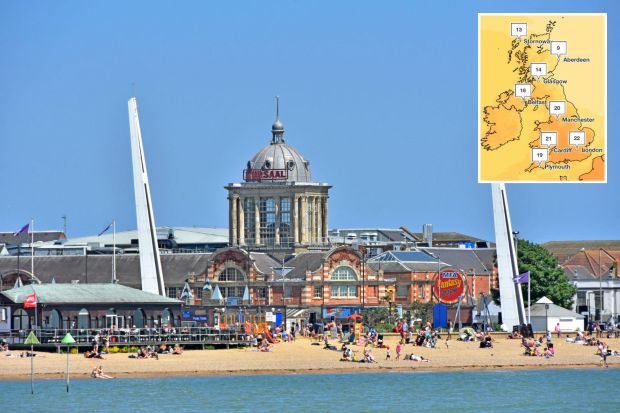 An image collage containing 2 images, Image 1 shows Southend-on-Sea beach with the Kursaal building and people enjoying the seaside, Image 2 shows Map of UK showing predicted high temperatures
