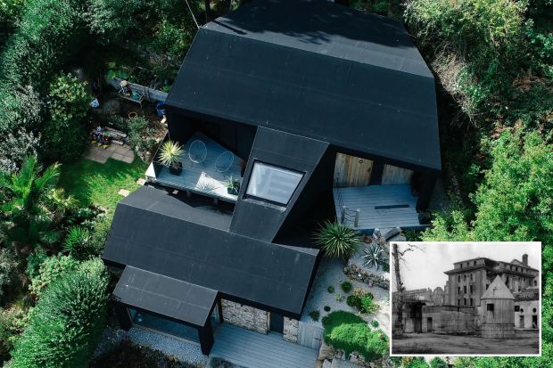 An image collage containing 2 images, Image 1 shows Aerial view of a modern black house with a landscaped garden, Image 2 shows Ruins of the Berlin Chancellory Building, including the air raid shelter where Hitler committed suicide