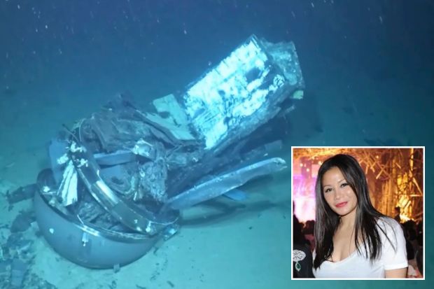 An image collage containing 2 images, Image 1 shows Remains of the Titan submersible on the Atlantic Ocean floor, Image 2 shows Karen Lo, Hong Kong billionaire heiress