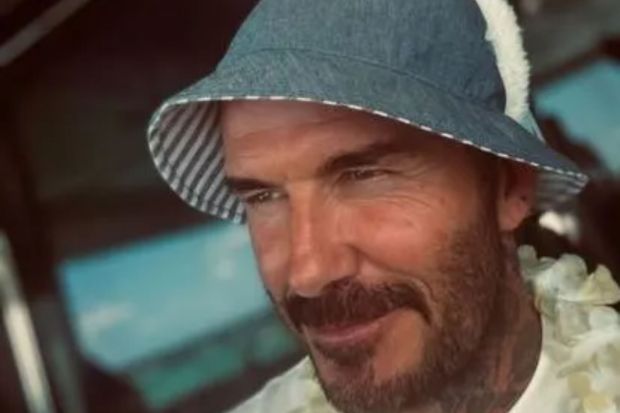 An image collage containing 1 images, Image 1 shows David Beckham wearing bunny ears and a hat