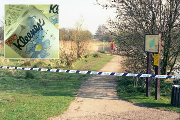 An image collage containing 2 images, Image 1 shows Crime scene photo of Singleton Lake with police tape, Image 2 shows Four-roll pack of Kleenex Velvet toilet tissue