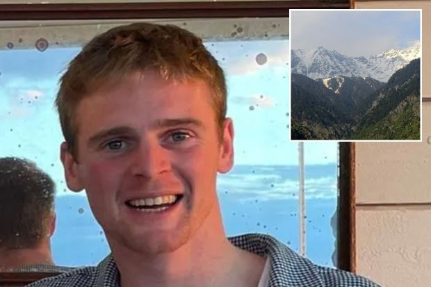 An image collage containing 2 images, Image 1 shows Photo of Tom Howard, a Durham University graduate, Image 2 shows Snow-capped Dhauladhar mountain range