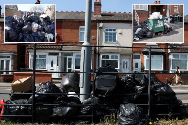An image collage containing 3 images, Image 1 shows Pile of garbage bags on a street during a strike, Image 2 shows A man stands behind a large pile of black garbage bags overflowing onto a street, Image 3 shows Overflowing rubbish bins and bags on a street
