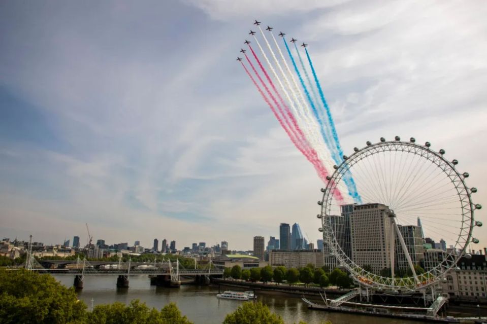 An image collage containing 1 images, Image 1 shows Red Arrows flypast over the London Eye during VE Day 75 celebrations