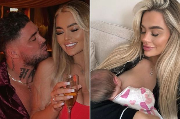 An image collage containing 2 images, Image 1 shows Stephen Bear proposing to Jessica Smith at the Moulin Rouge, Image 2 shows Woman breastfeeding baby