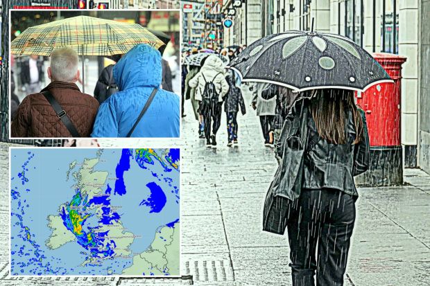 An image collage containing 3 images, Image 1 shows Person walking in the rain with an umbrella, Image 2 shows Two people sharing a plaid umbrella in the rain, Image 3 shows Rainfall forecast map of the British Isles