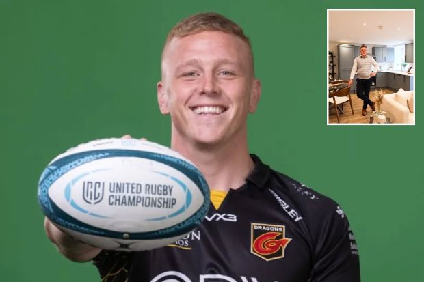 An image collage containing 2 images, Image 1 shows Welsh rugby player Benjamin Ben Fry holding a rugby ball, Image 2 shows A man standing in a modern kitchen