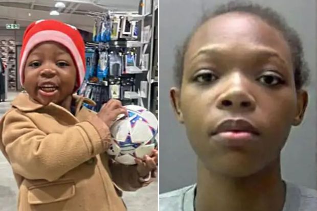 An image collage containing 2 images, Image 1 shows Toddler holding a soccer ball in a store, Image 2 shows Mugshot of Shilyrand Charigwati