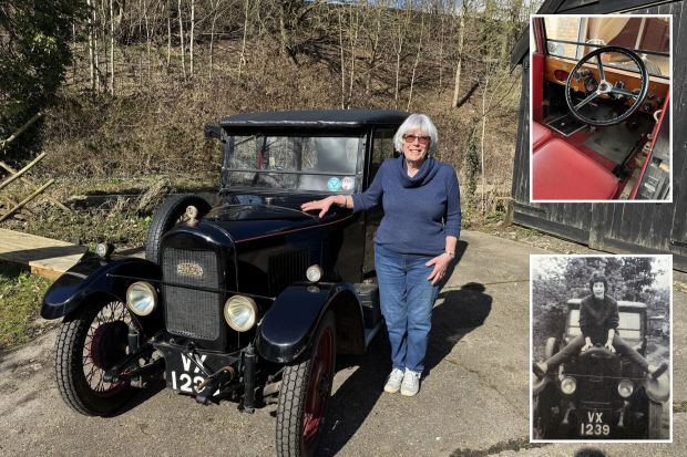 An image collage containing 3 images, Image 1 shows Woman standing next to a vintage Singer Junior car, Image 2 shows Black and white photo of a young woman sitting on a vintage car, Image 3 shows Interior of a 1929 Singer Junior car