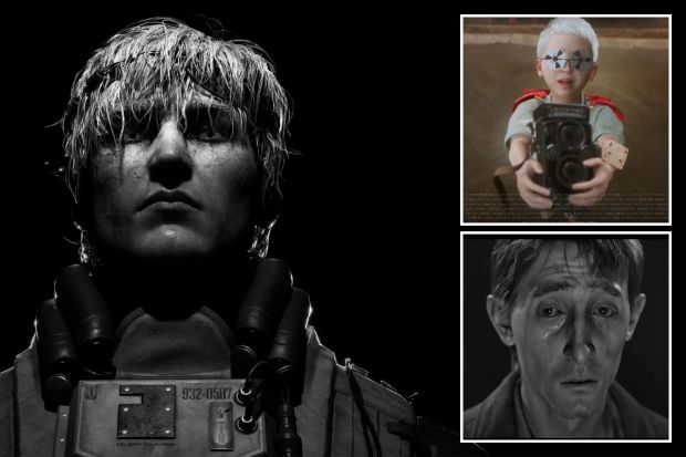 An image collage containing 3 images, Image 1 shows Black and white promotional image for the video game KARMA: THE DARK WORLD, Image 2 shows Illustration of a young boy holding a vintage camera, wearing glasses made of vinyl records, Image 3 shows Black and white image of a man from the game KARMA: THE DARK WORLD