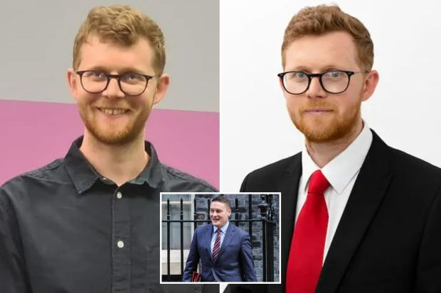 An image collage containing 3 images, Image 1 shows Sam Gould, Wes Streeting's aid, at a council count, Image 2 shows Portrait of Councillor Sam Gould, Image 3 shows Wes Streeting, Health Secretary, walking near Downing Street