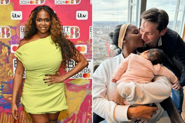 An image collage containing 2 images, Image 1 shows Oti Mabuse at the BRIT Awards 2024, Image 2 shows Couple kissing with baby in arms in front of a city view