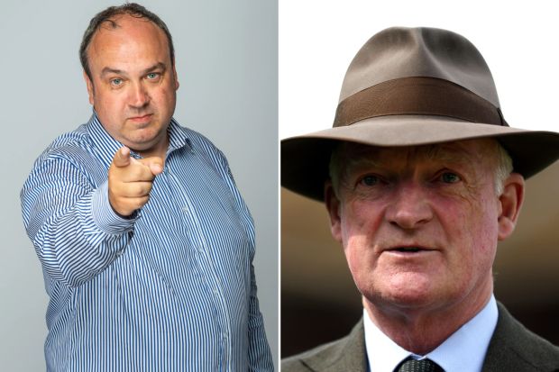 An image collage containing 2 images, Image 1 shows Man in striped shirt pointing at viewer, Image 2 shows Headshot of horse trainer Willie Mullins at Sandown Park Racecourse