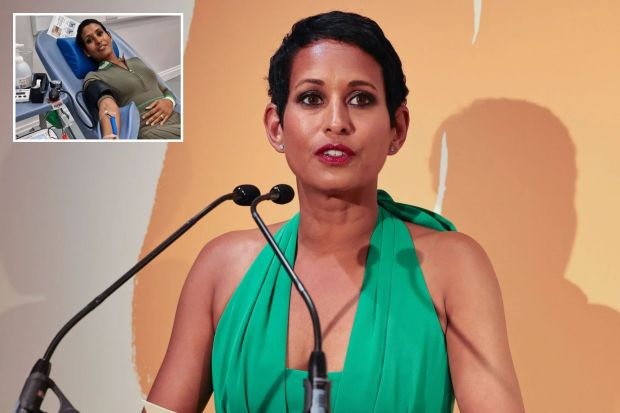 An image collage containing 2 images, Image 1 shows Naga Munchetty hosting the 2023 Bold Woman Awards, Image 2 shows Naga Munchetty donating blood
