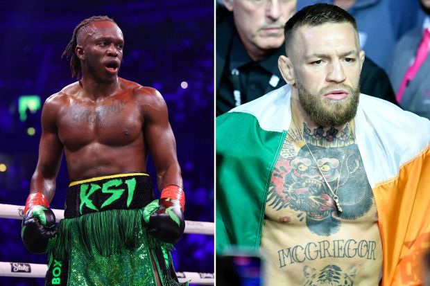 An image collage containing 2 images, Image 1 shows KSI in boxing ring, Image 2 shows Conor McGregor draped in the Irish flag before a UFC fight