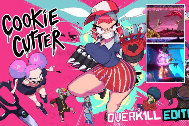 An image collage containing 3 images, Image 1 shows Illustration of Cookie Cutter Overkill Edition video game artwork, Image 2 shows Illustration of a video game scene showing a character fighting a monster, Image 3 shows Screenshot from a video game showing a character battling enemies in a cave-like setting