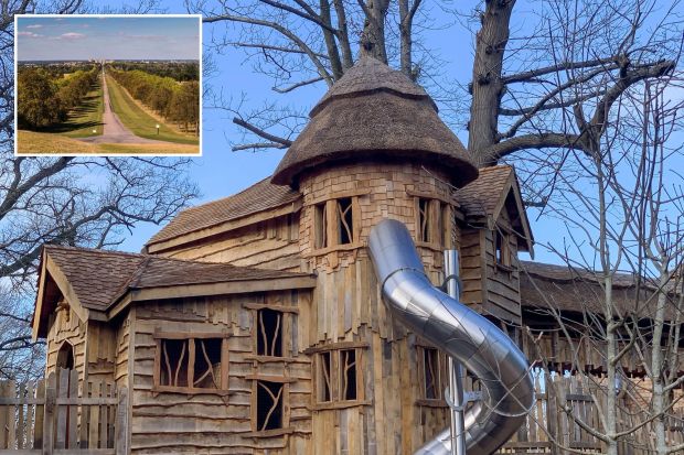 An image collage containing 2 images, Image 1 shows Wooden children's adventure play area under construction, Image 2 shows Long Walk leading to Windsor Castle