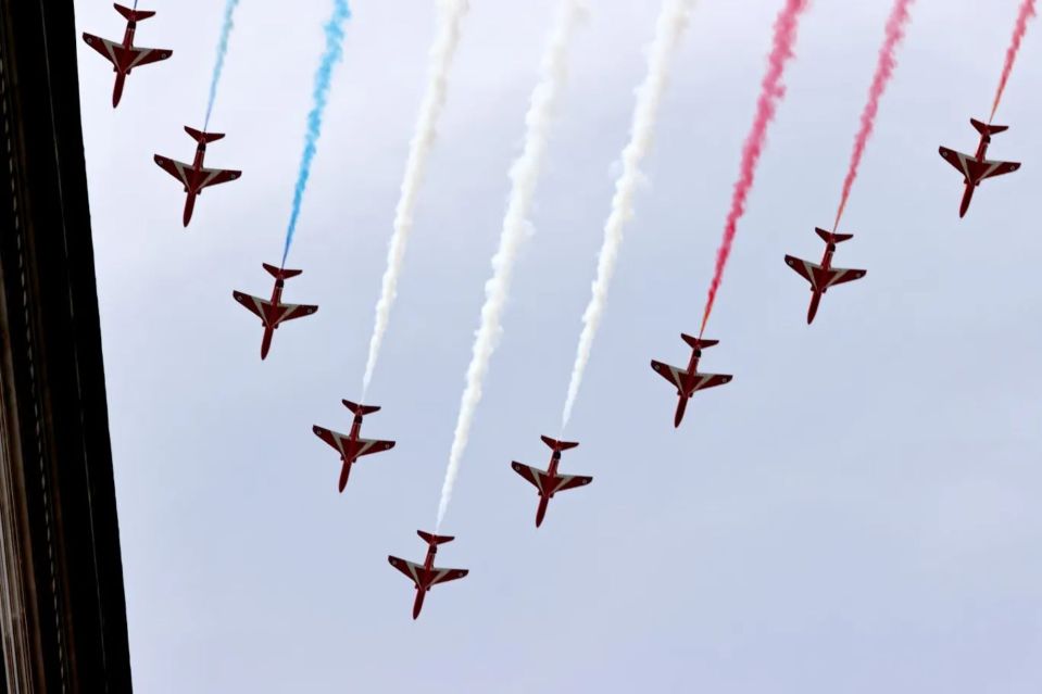 An image collage containing 1 images, Image 1 shows Red Arrows flypast at Downing Street