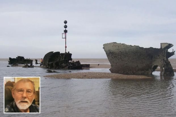 An image collage containing 2 images, Image 1 shows Wreck of the SS Vina at Brancaster. A holidaymaker died after getting caught out by the tide when he walked out to explore a shipwreck with his grandchild, an inquest has heard. Raymond Mills, 74, was on a day out at Brancaster beach in Norfolk and had carefully planned his trip out to the SS Vina. He got into difficulties in the strong currents near the vessel - a notorious area known as Wreck Sands - and disappeared beneath the water.His granddaughter was able to get back to safety and a search operation was launched, Image 2 shows A holidaymaker died after getting caught out by the tide when he walked out to explore a shipwreck off a Norfolk coast with his grandchild, an inquest has heard., Raymond Mills was on a day out at Brancaster beach last summer and had carefully planned his trip out to the SS Vina, which lies about 800 metres off the main beach and is exposed at low water., , However, he got into difficulties in the strong currents near the vessel - a notorious area known as Wreck Sands which can quickly become cut off by fast-moving tides - and disappeared beneath the water., , Pic of Raymond is a family handout run in the local paper, taken without permission