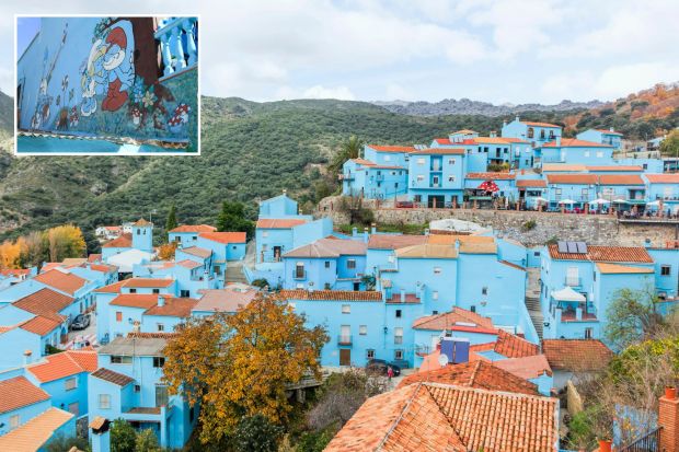 An image collage containing 2 images, Image 1 shows Aerial view of Juzcar, Spain, a village with blue buildings, Image 2 shows Mural of Smurfs on a blue building