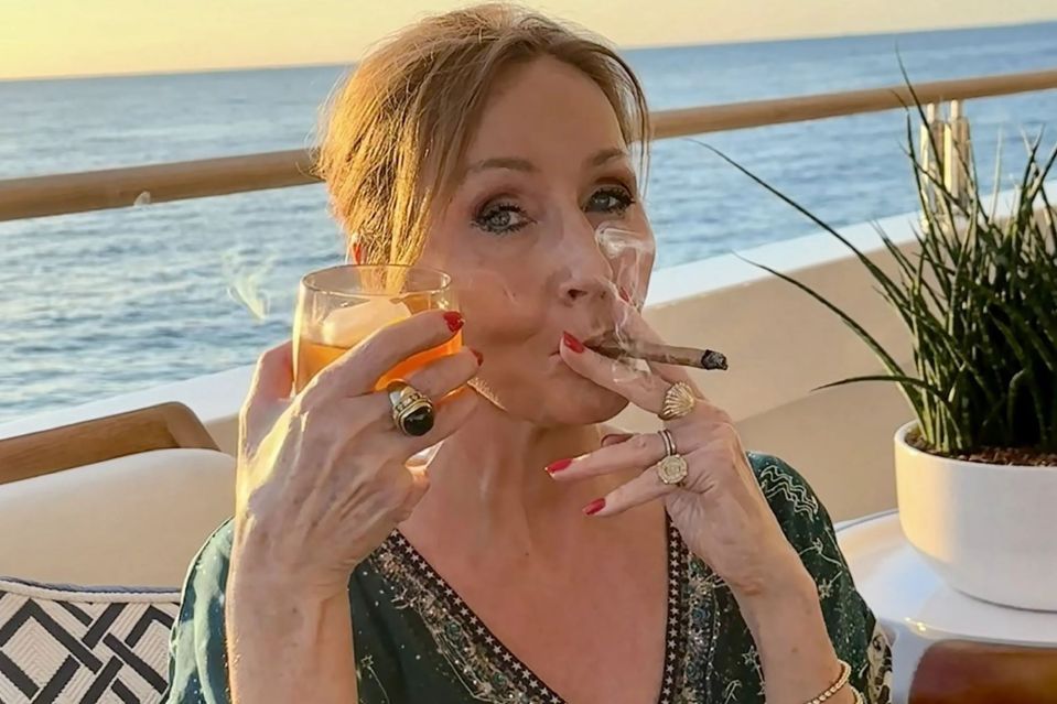 An image collage containing 1 images, Image 1 shows JK Rowling smoking a cigar and drinking a cocktail on a boat