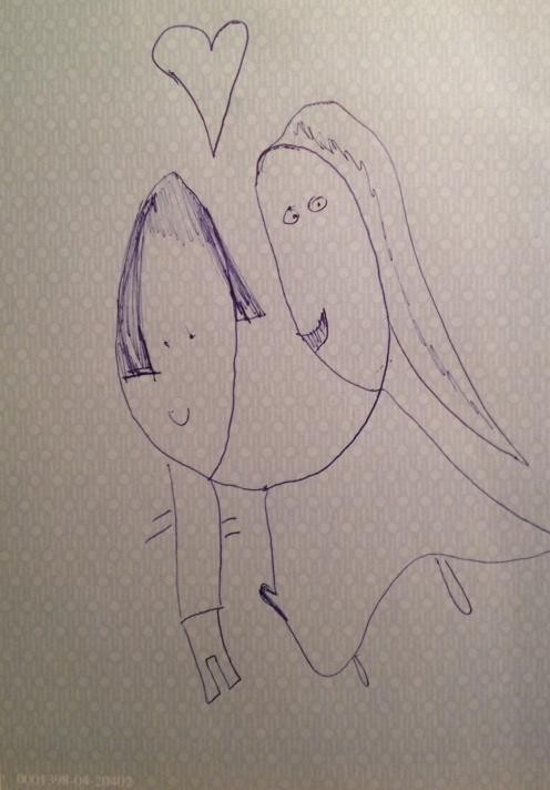 Illustration of a child's drawing of a wedding couple.