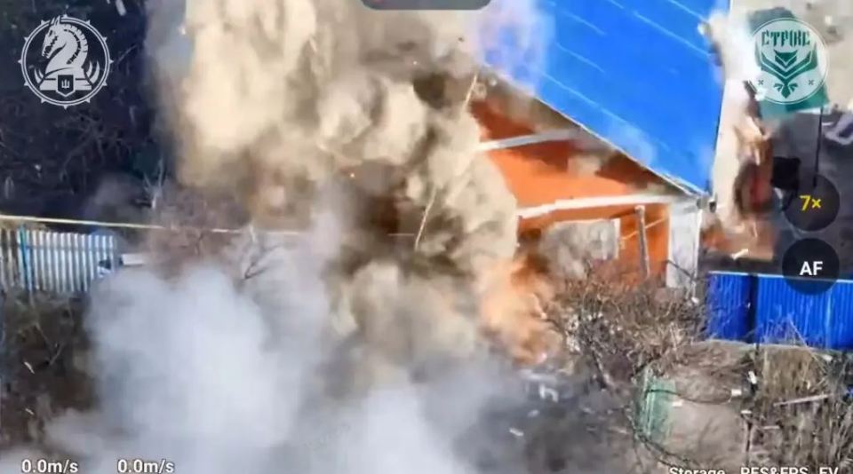 First-person view of a drone strike on a building.