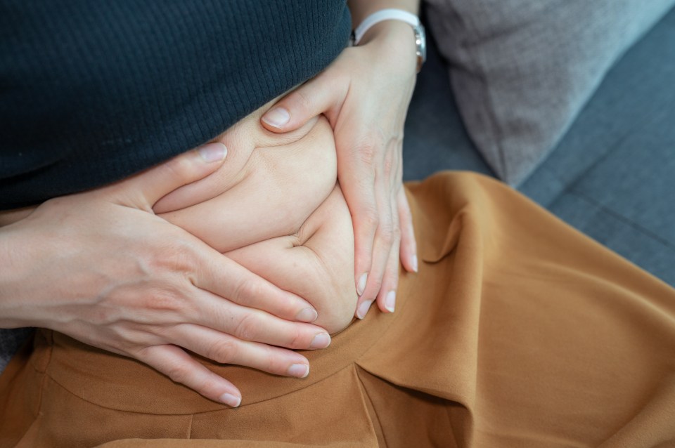 Close-up of a person's hands holding excess abdominal fat.