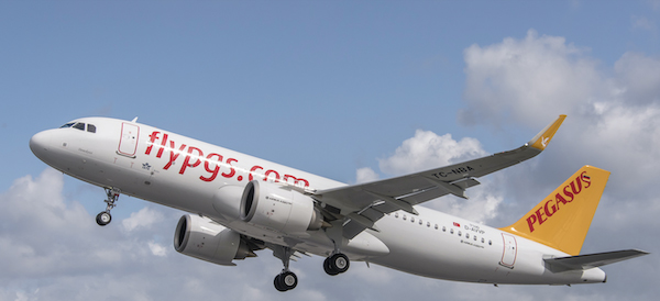 Pegasus Airlines airplane in flight.