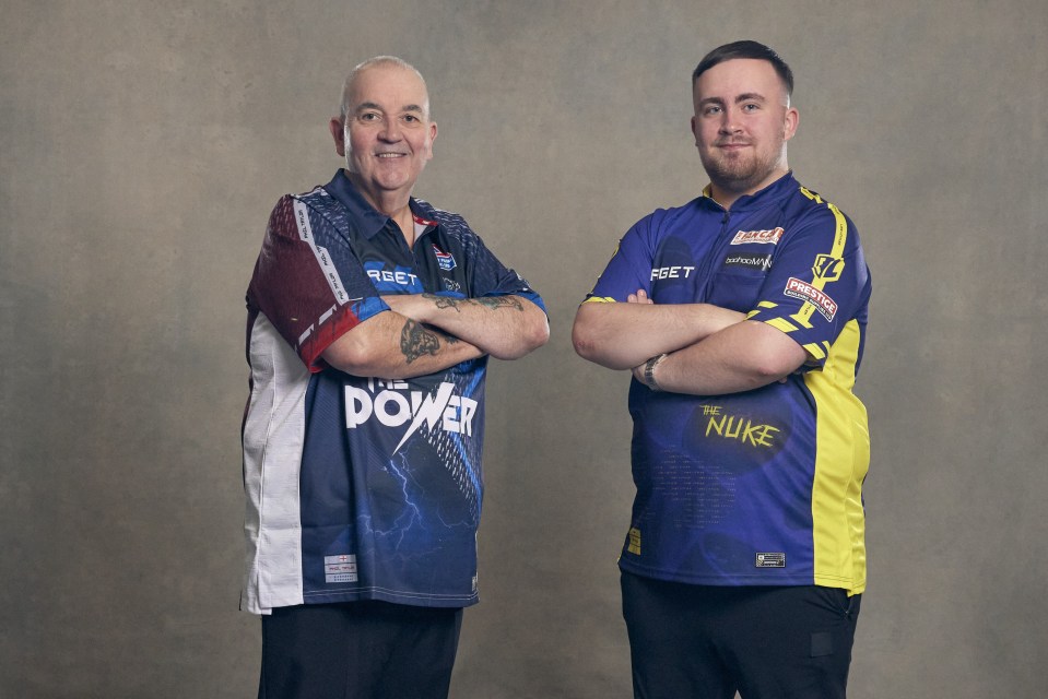 Phil Taylor and Luke Littler in darts jerseys.