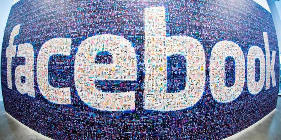 Facebook logo mosaic made of user photos.