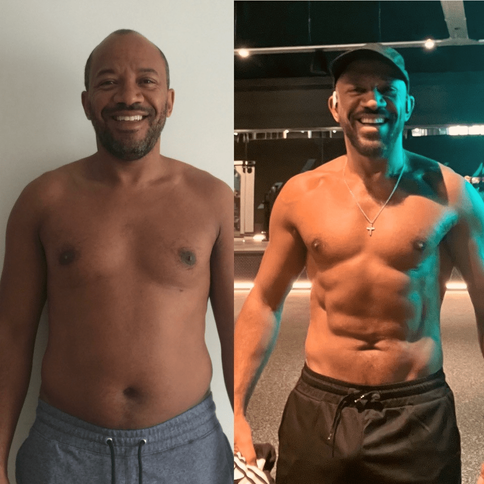 Before and after photos of Craig Rowe's body transformation.