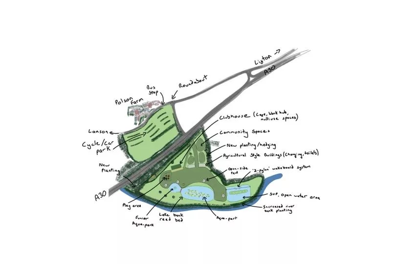 Illustration of adventure park plans including an aquapark and wakeboarding.