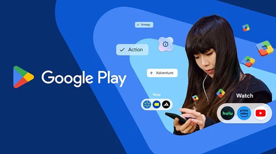 Illustration of a person using Google Play to watch videos and shop.