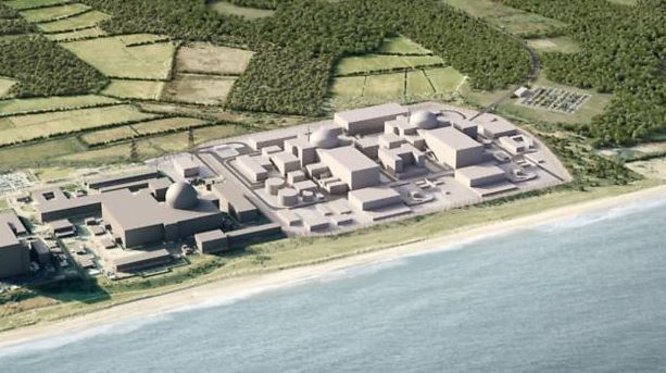 Illustration of a nuclear power plant on a coast.