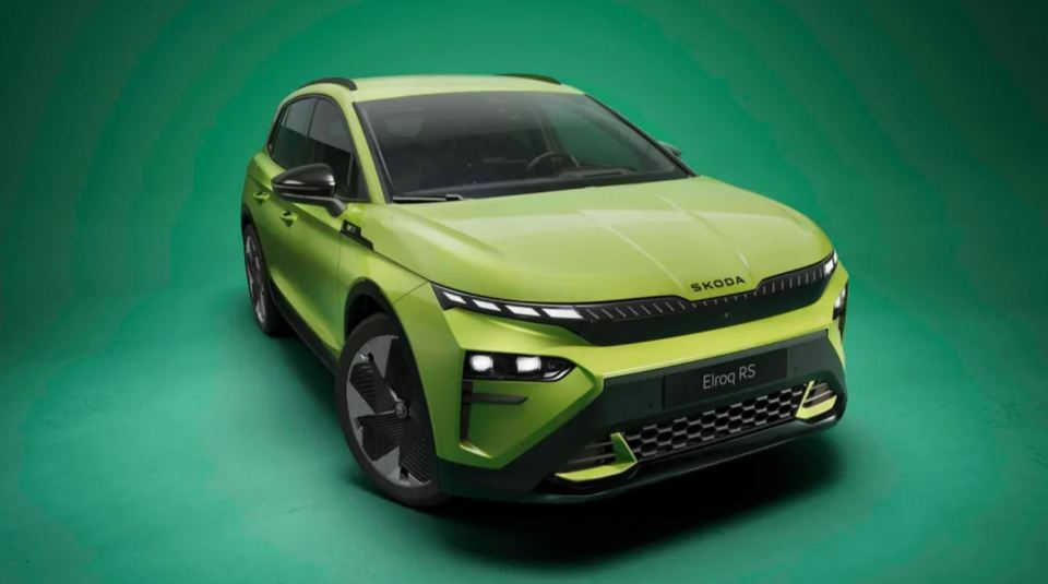 Lime green Skoda Elroq RS electric car.