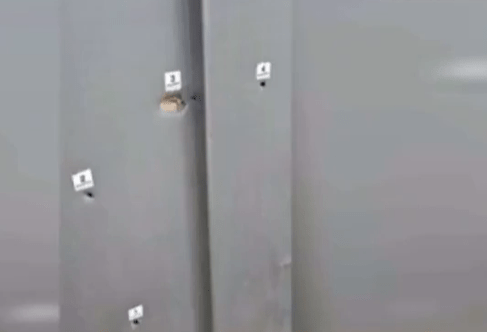 Bullet holes in a gray wall.