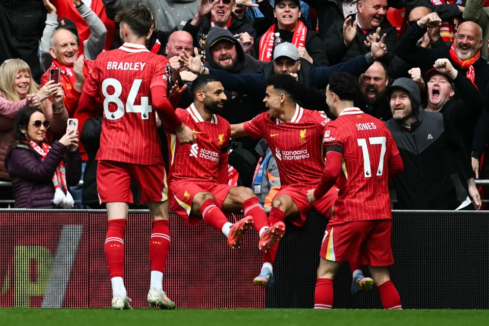 Liverpool soccer players celebrating a goal.