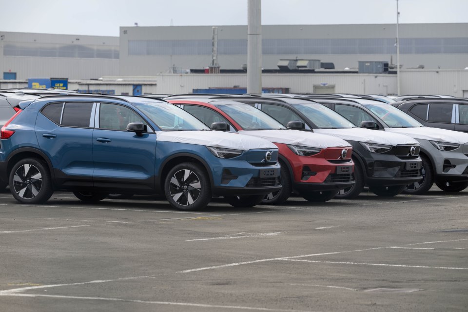 Several Volvo SUVs parked in a lot.