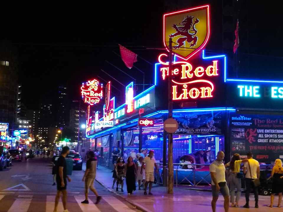 The Red Lion pub at night in Benidorm, Spain.