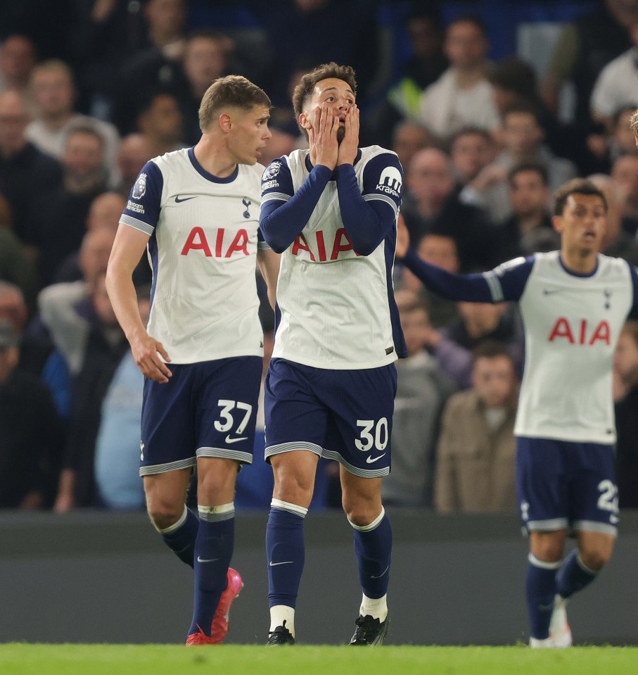 Rodrigo Bentancur of Tottenham Hotspur looking dejected during a soccer match.