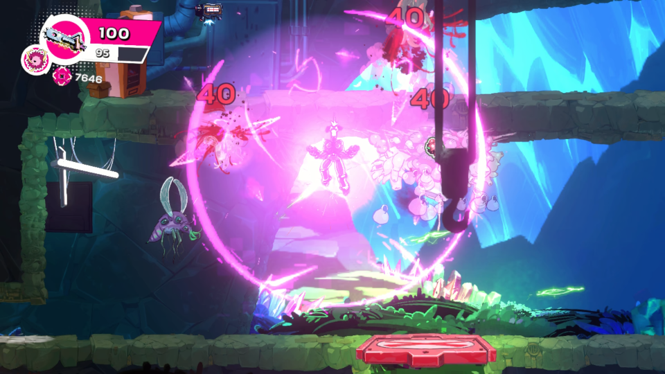 Screenshot of a video game showing a character surrounded by a pink energy field.