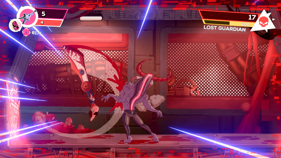 Illustration of a video game scene showing a character fighting a boss.