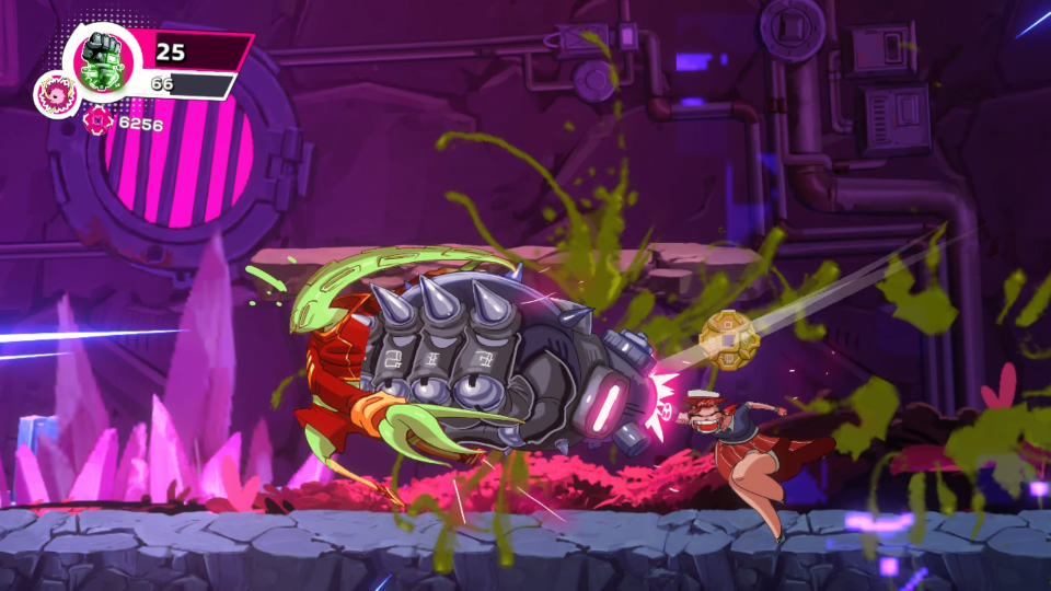 Illustration of a video game scene showing a character fighting a large mechanical fist.