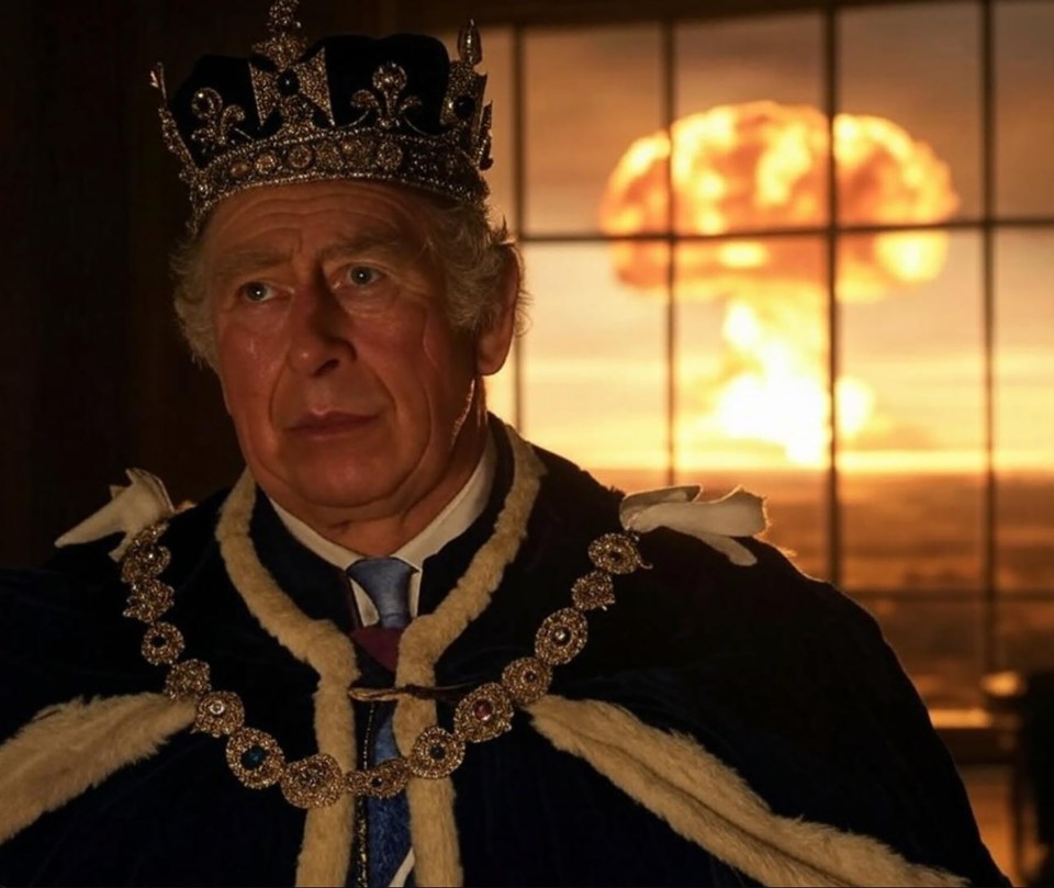 King Charles in royal robes with a nuclear explosion in the background.