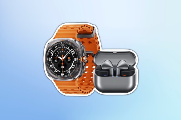 Smartwatch with orange band and wireless earbuds in case.