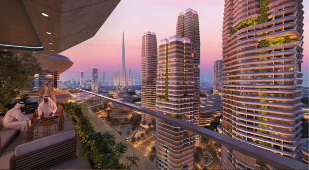 Illustration of the North Pole megaproject in Riyadh, Saudi Arabia, featuring modern skyscrapers and a rooftop terrace.