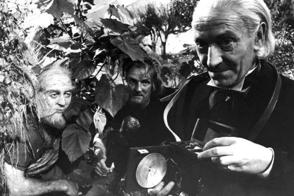 Black and white photo of the Doctor Who episode "The Savages" filming.