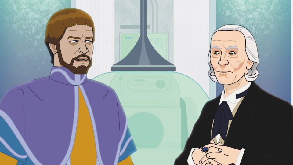 Illustration of the Doctor and a Savage from the missing ninth serial of Doctor Who.